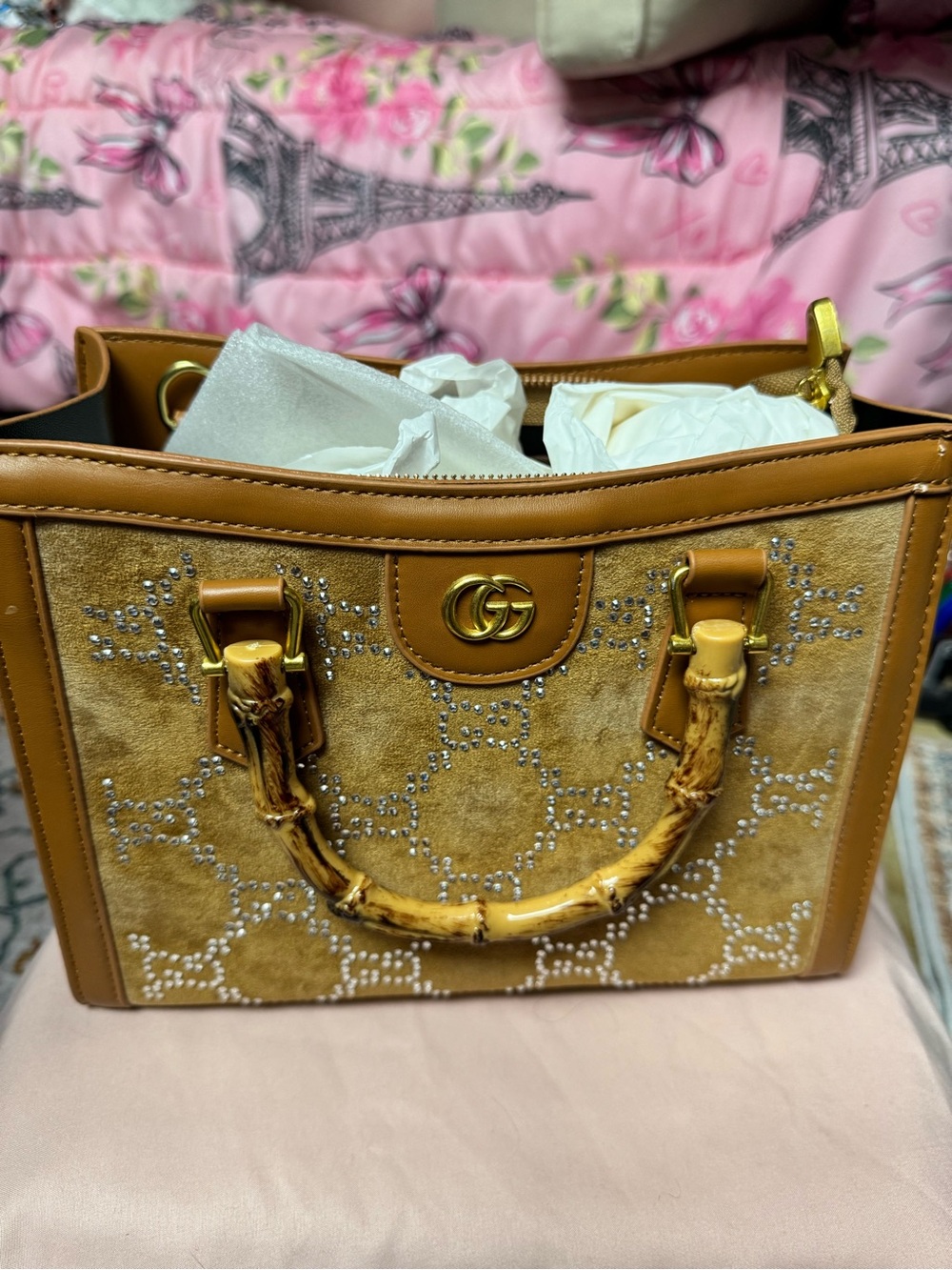 Tan Bamboo Handle Suede Tote with Crystal Detailing